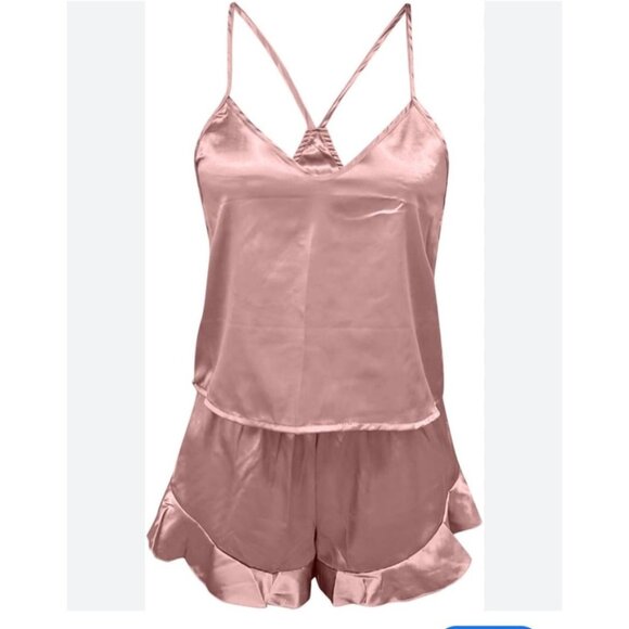 Chyrii Pink Pajama Short Set Size L Racerback Camisole Top Ruffle Trim Shorts - Picture 14 of 15